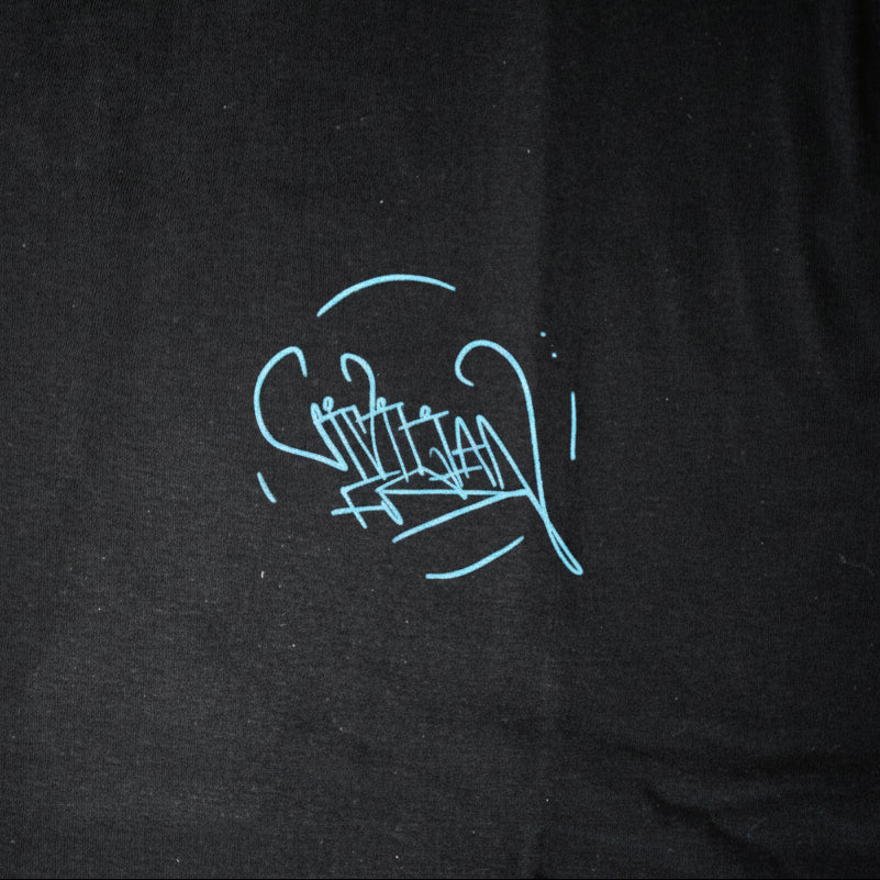 Black t-shirt with a light blue logo on a plain background